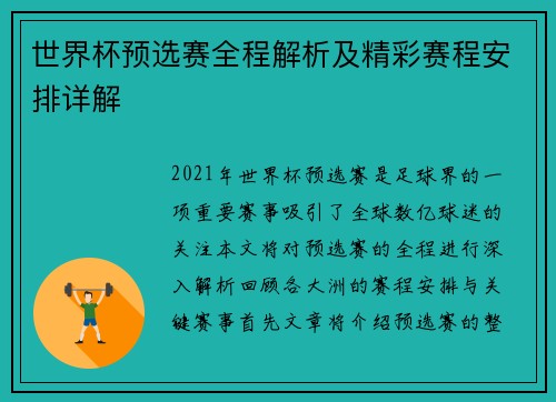 世界杯预选赛全程解析及精彩赛程安排详解