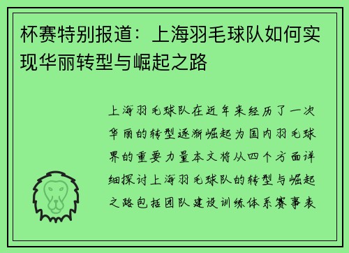 杯赛特别报道：上海羽毛球队如何实现华丽转型与崛起之路